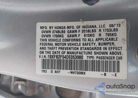 2013 Honda Civic Lx from USA, damaged, VIN 19XFB2F54DE053980